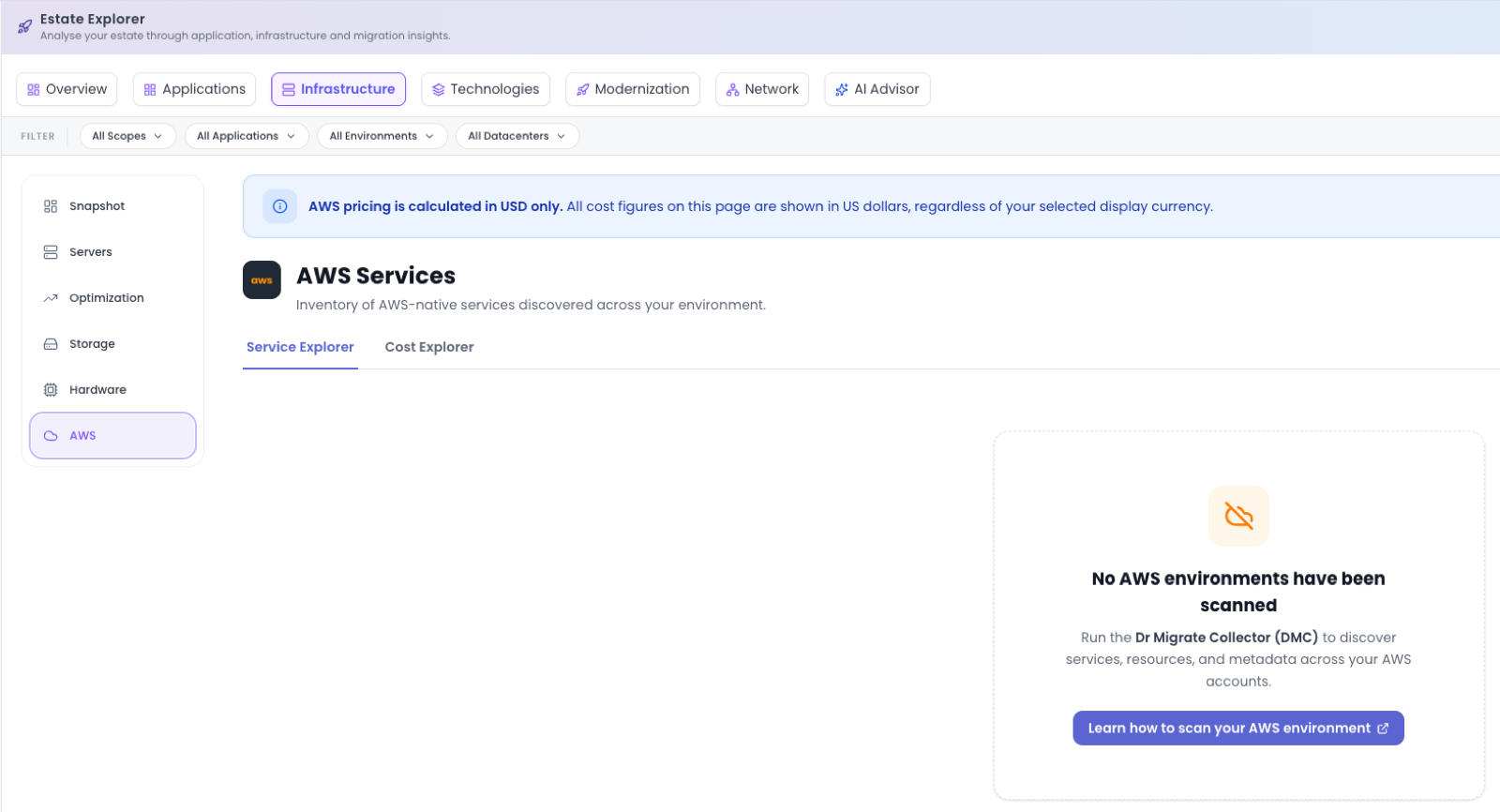 The AWS Services view showing Service Explorer with EC2 breakdowns and Cost Explorer by service, region and account.