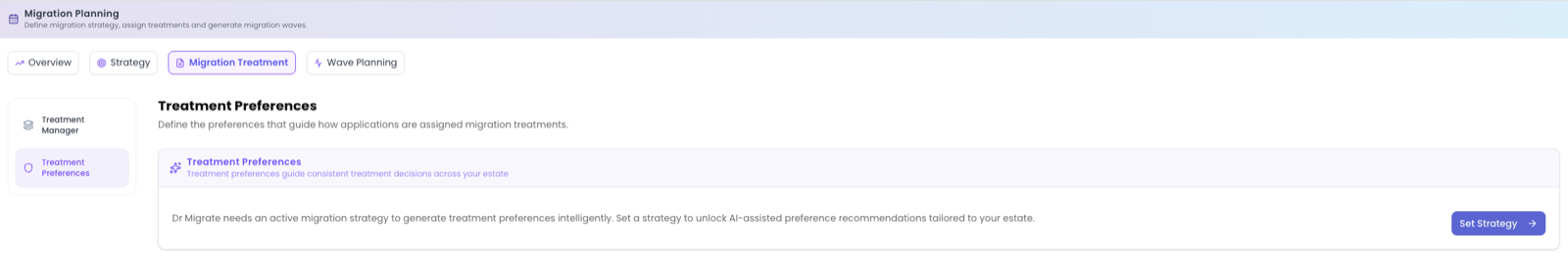 The Treatment Preferences screen showing the recommended cloud modernisation target for each source technology.