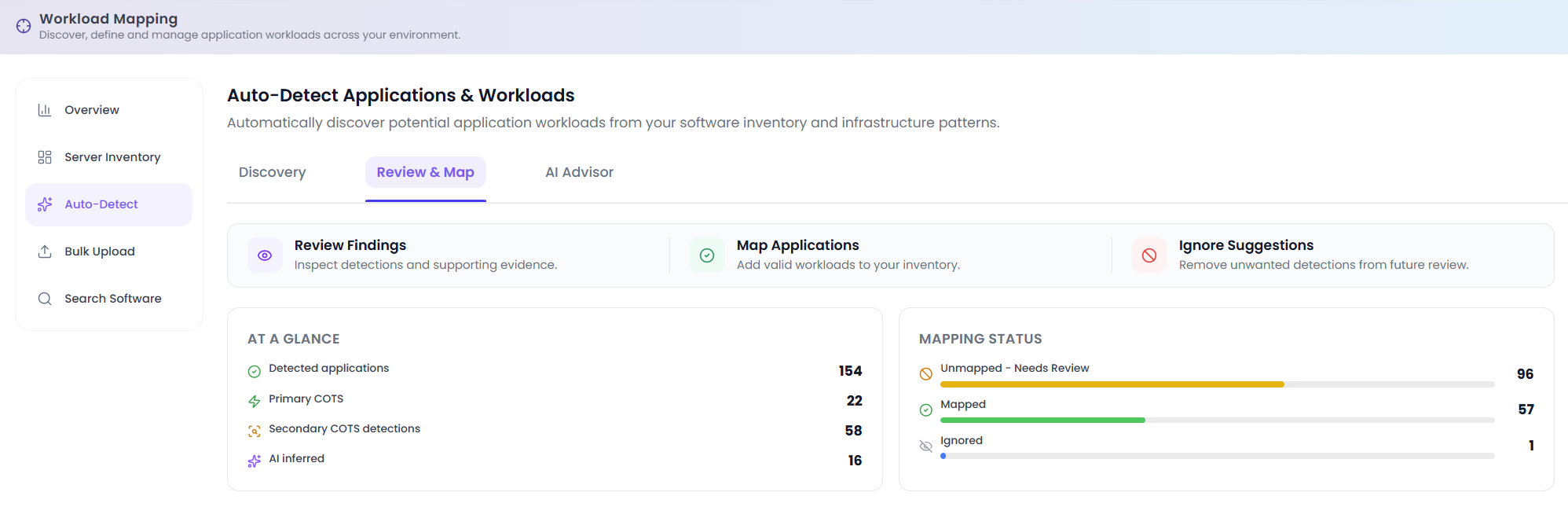 The Review & Map tab showing the Review Findings, Map Applications and Ignore Suggestions actions, plus the At a Glance and Mapping Status summary panels.