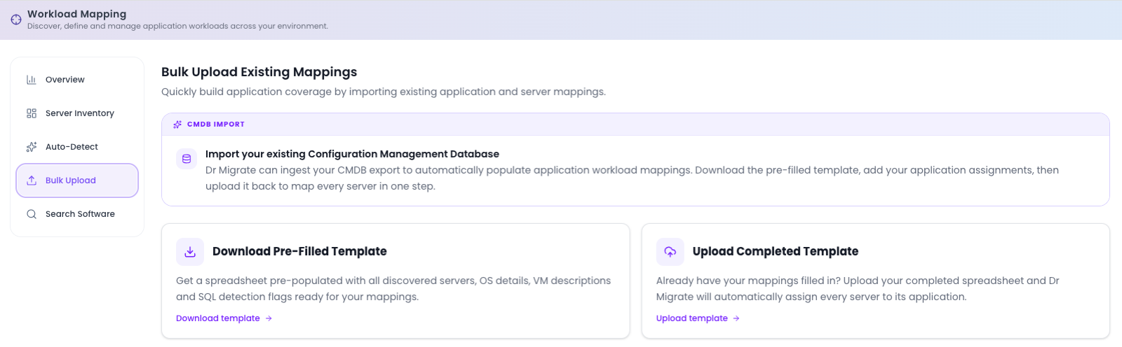 The Bulk Upload screen with the Download Pre-Filled Template and Upload Completed Template actions.