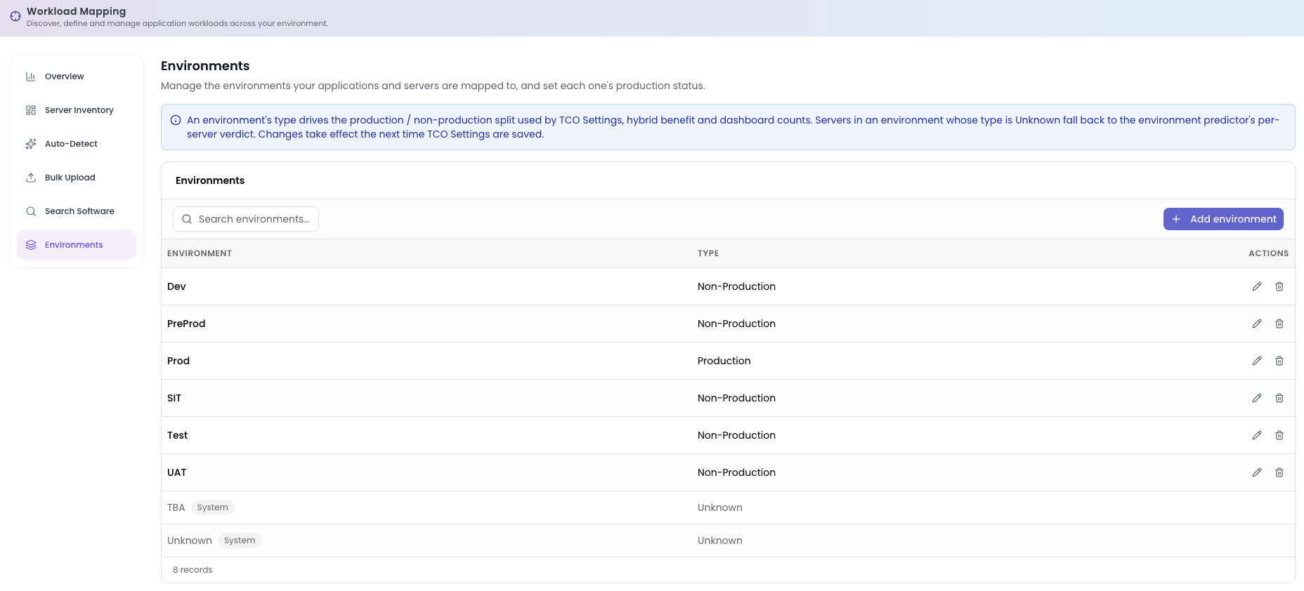 The Environments screen listing each environment with its type, the Add environment button, and the TBA and Unknown system rows at the bottom.