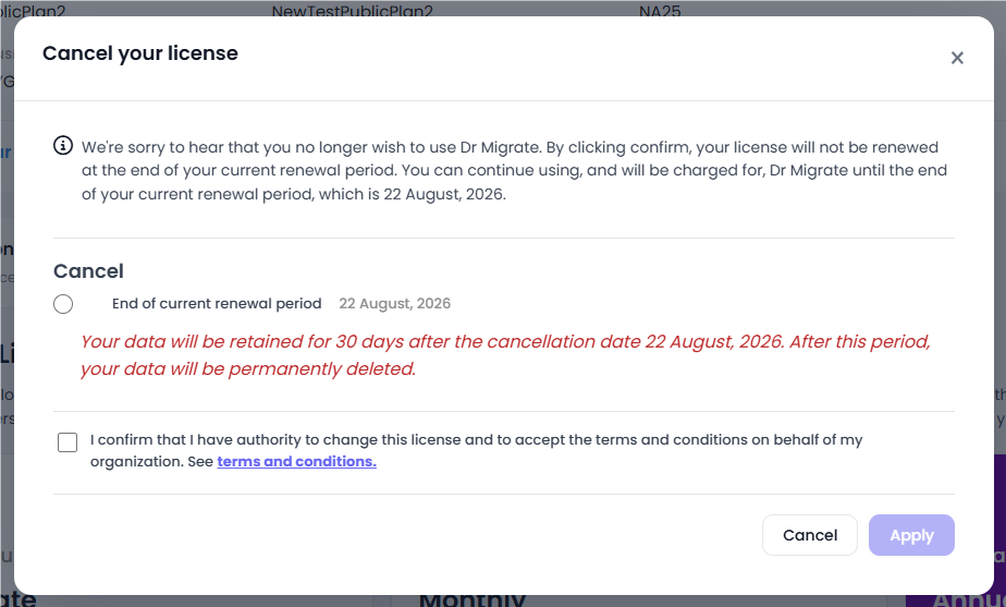 Cancel license confirmation screen