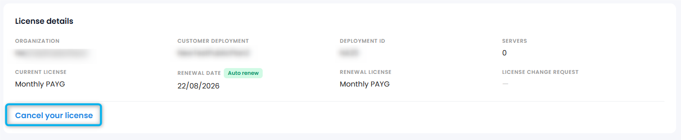 License Information panel with Cancel your license link