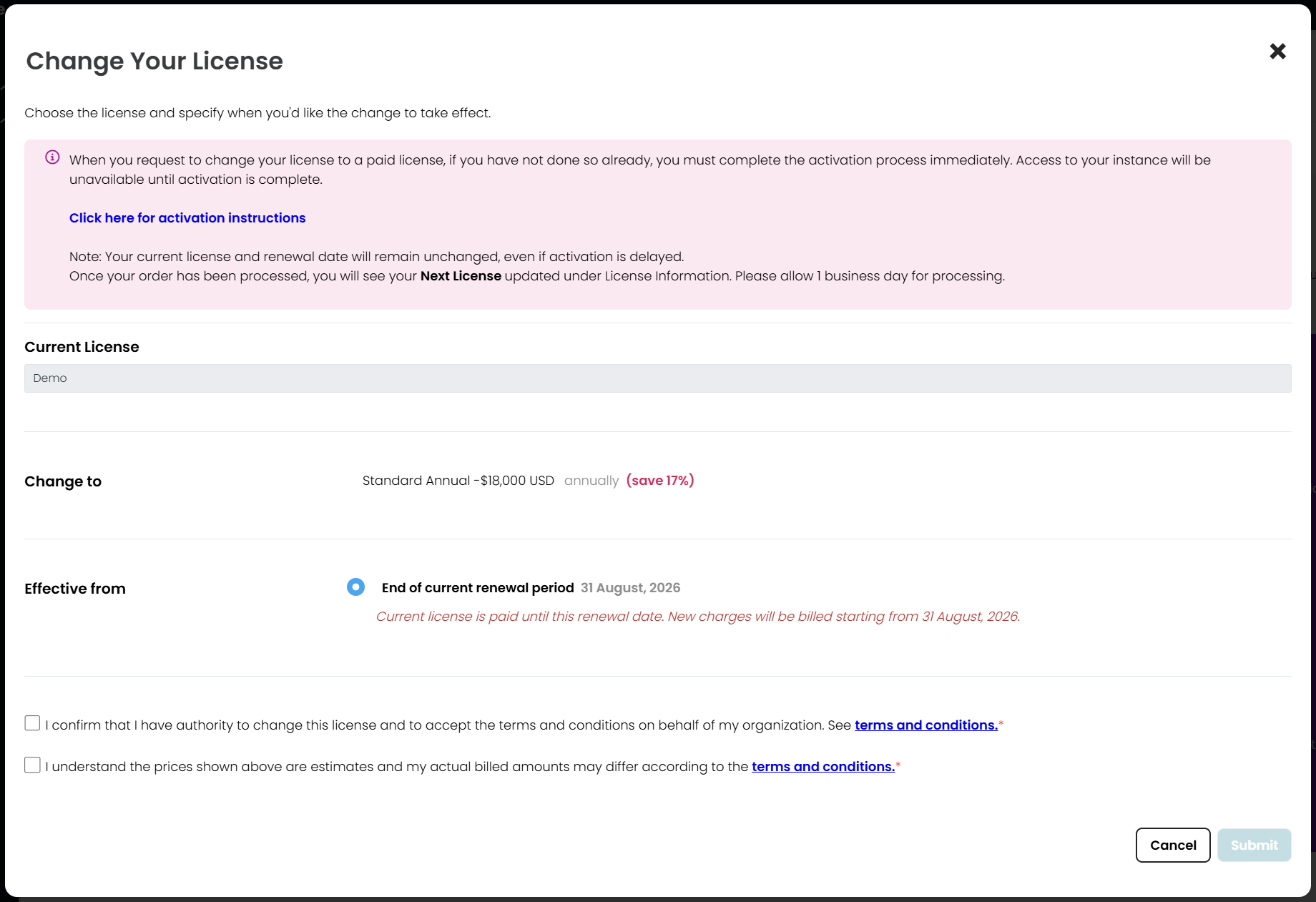 Change license confirmation window