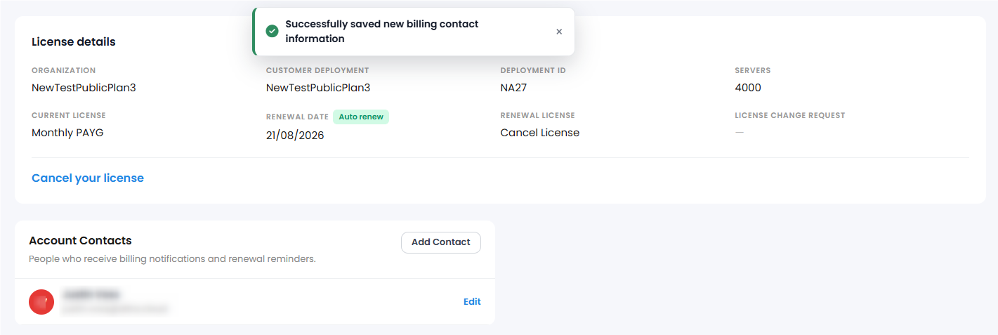 Account Contacts list showing a saved contact with an Edit link