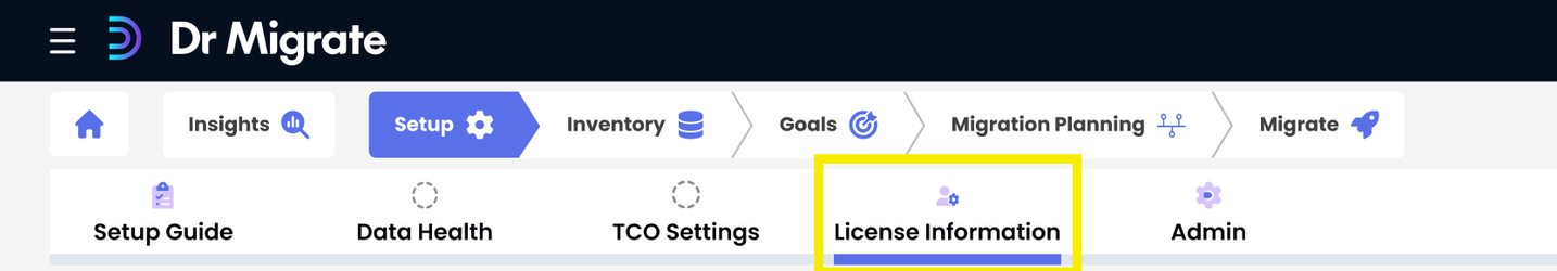 License Information page navigation