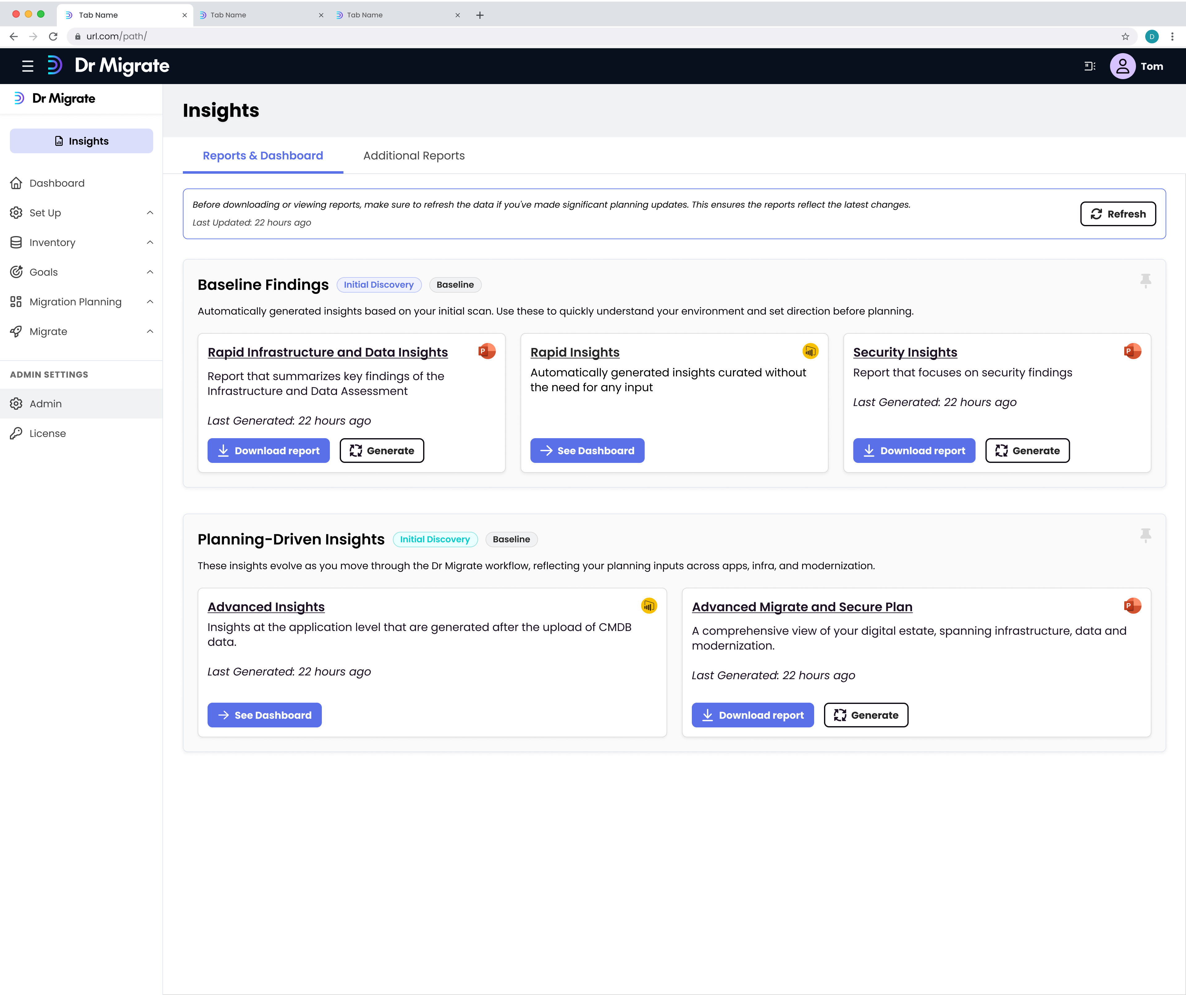 Dr Migrate Inventory page showing server and application mapping interface