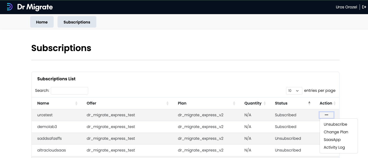 SaaS subscription portal interface showing the subscription management options